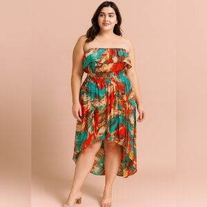 Women's High Low Silk Multi Color Artist Stretch Frill Dress Size XXL